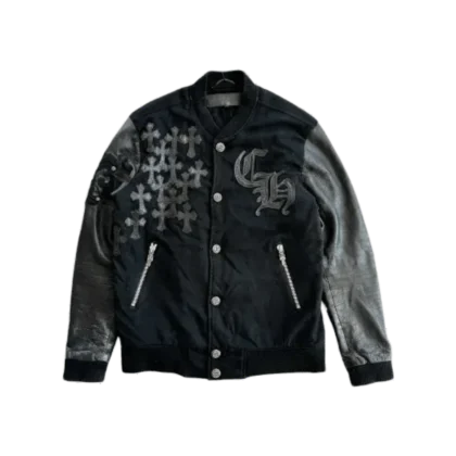 CH Black Leather Cross Patch Bomber Jacket - front