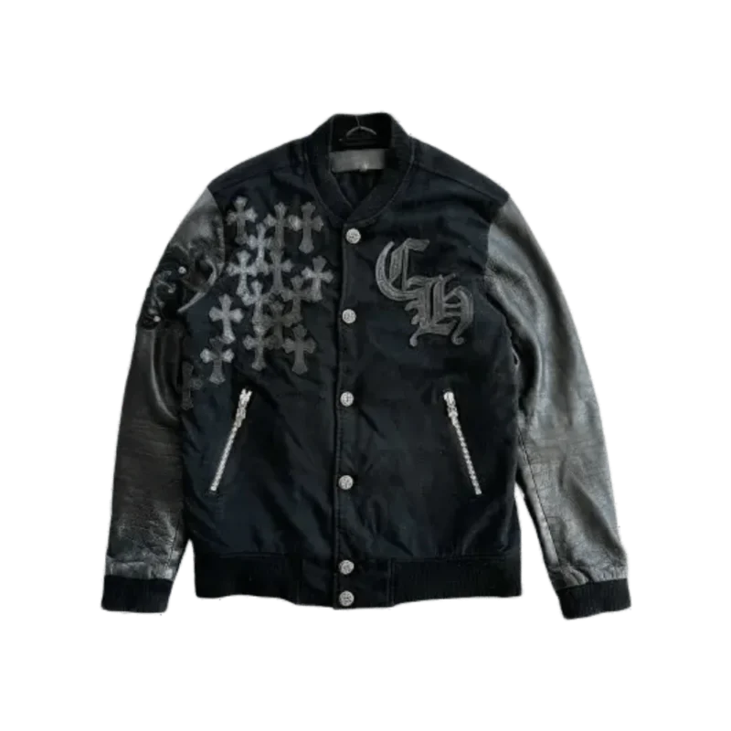 CH Black Leather Cross Patch Bomber Jacket - front