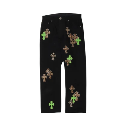 Chrome Hearts Green & Leopard Cross Patch Jeans Black - front