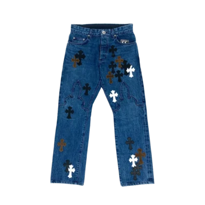 Chrome Hearts Fleur Knee Cross Patch Jeans Blue - front