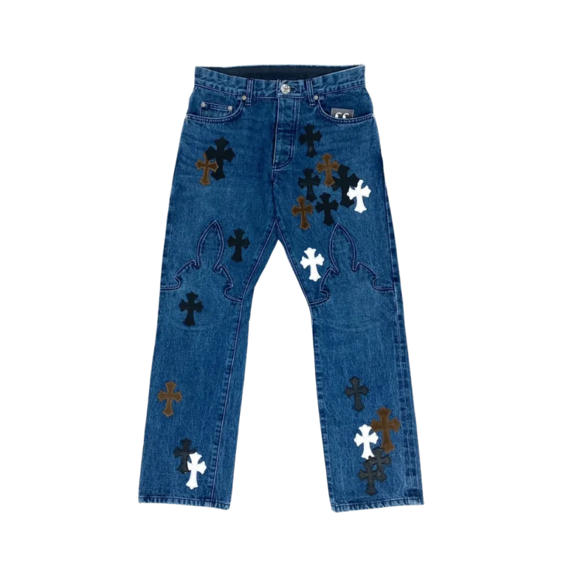 Chrome Hearts Fleur Knee Cross Patch Jeans Blue - front